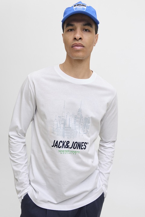Jack & Jones, Памучна блуза с лого, Бял/Зелен/Син