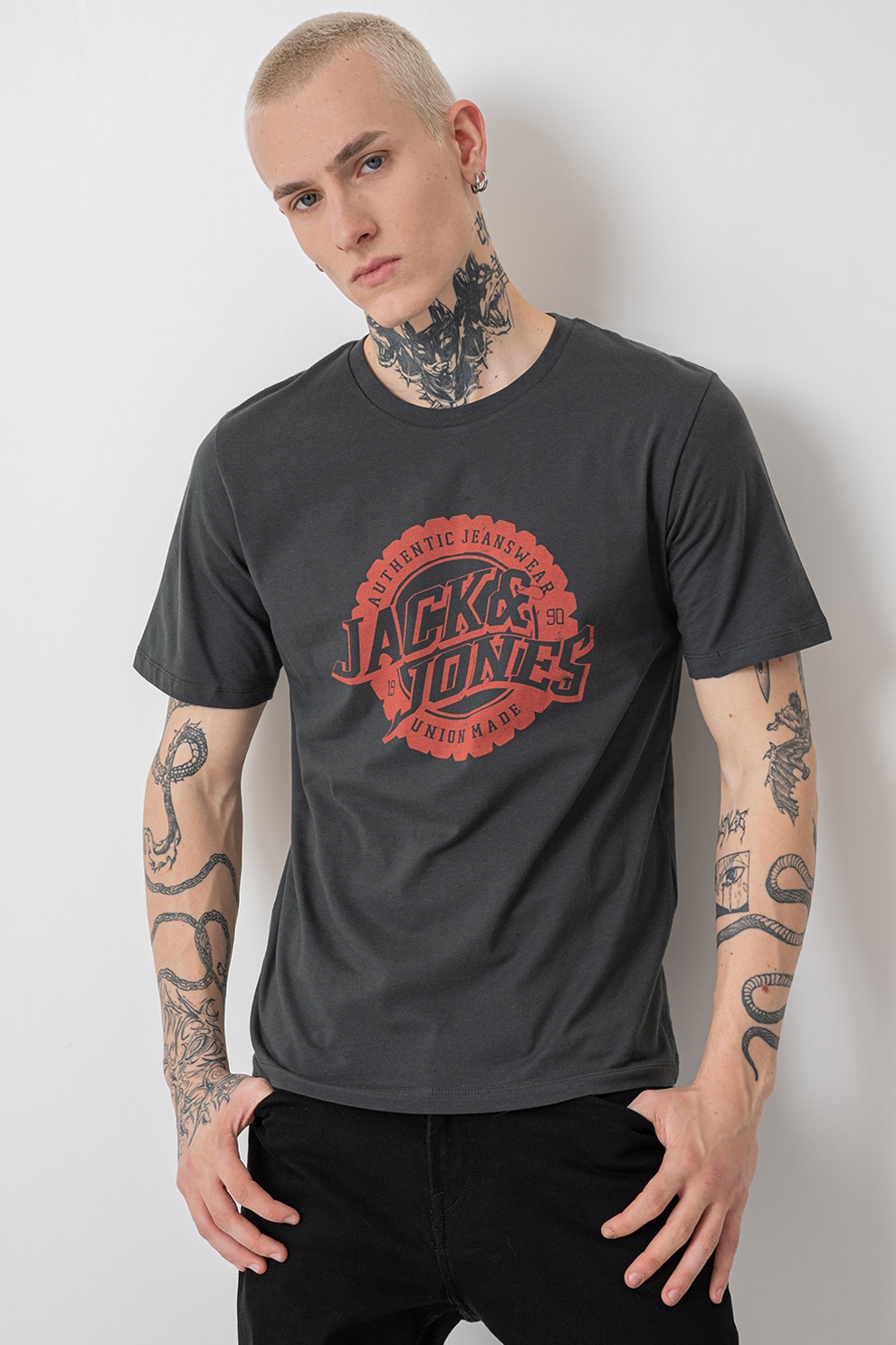 Jack & Jones, Tricou cu imprimeu logo si decolteu la baza gatului, Rosu stins, Gri antracit, M