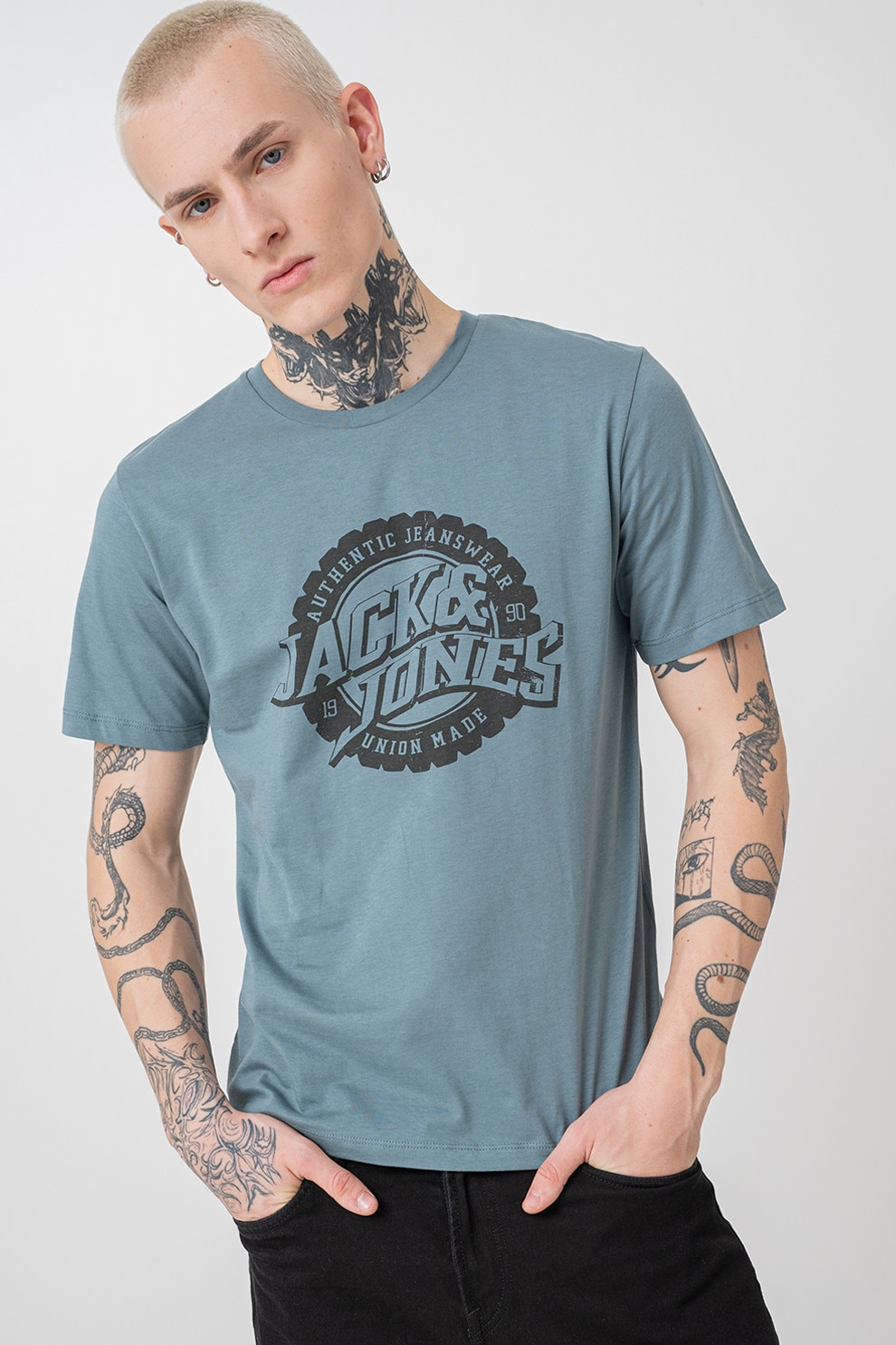 Jack & Jones, Tricou cu imprimeu logo si decolteu la baza gatului, Negru, Albastru petrol, L