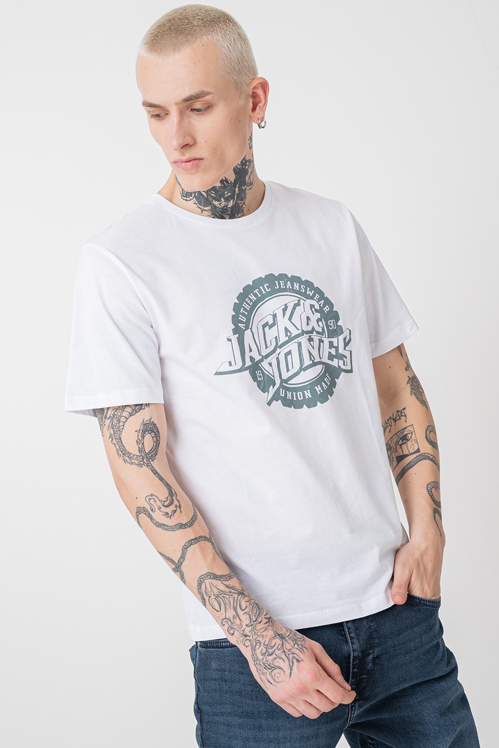 Jack & Jones, Tricou cu imprimeu logo si decolteu la baza gatului, Alb, Verde feriga, L