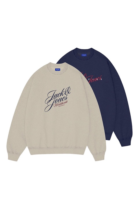 Jack & Jones, Set de bluza de trening cu imprimeu - 2 piese, Alb fildes/Albastru inchis