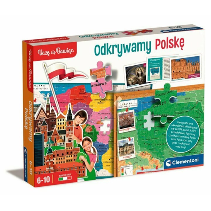 Puzzle Felfedezem Lengyelországot Clementoni, 104 darab, fizikai és politikai térkép, 26x35x5cm