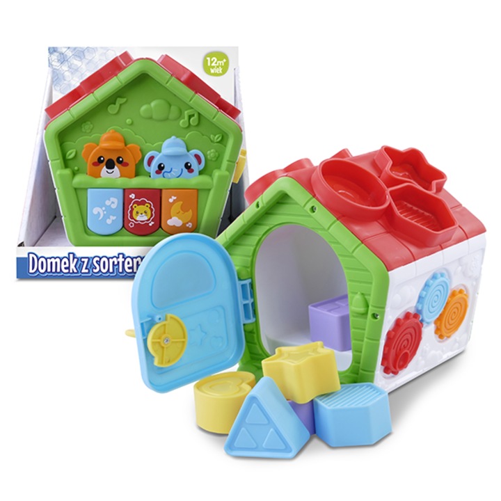 Casuta de sortare si 6 blocuri colorate, E-Edu, 15x14x12cm, pentru copii 18m+