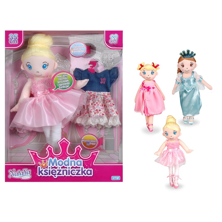 Papusa interactiva smacianka 35 cm, Natalia, 3 modele, cu rochita, 31x40x10 cm