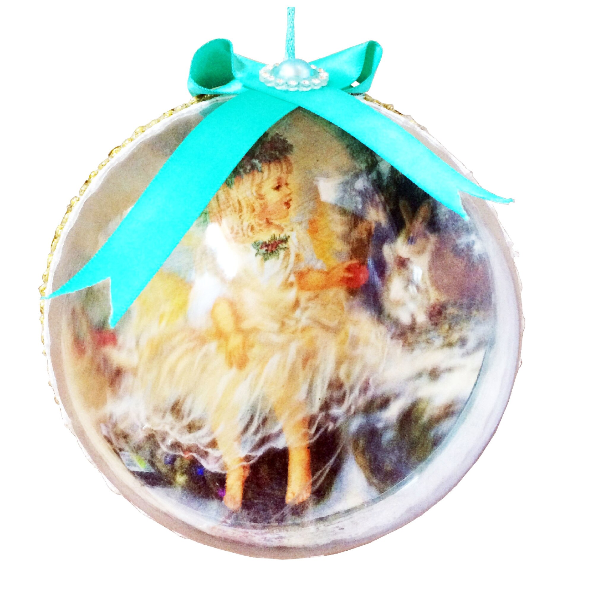 Glob Brad Craciun Decoratiune Ornament Fetita Inger si Iepurasii 14 cm