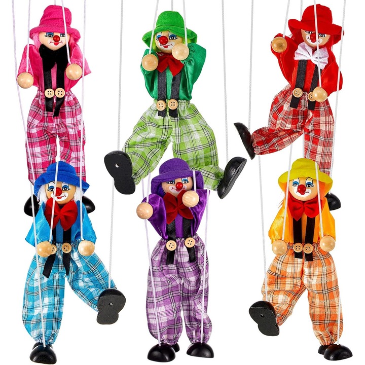 Pachet de 6 papusi de marioneta din lemn Trage papusi cu sfoara, include 6 culori Clovn Marioneta String Clown Papusa Interactive Jucarie pentru Ziua de Nastere Teatru Simulare Joc Petrecere de papusi
