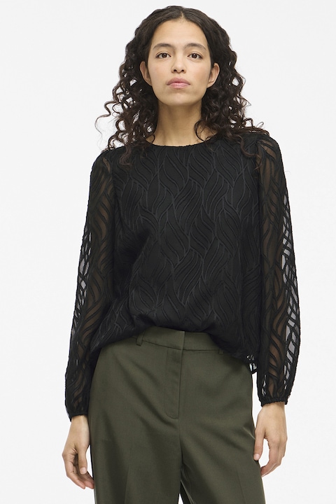 Vila, Bluza transparenta cu model brodat Mika, Negru/Gri inchis, XS