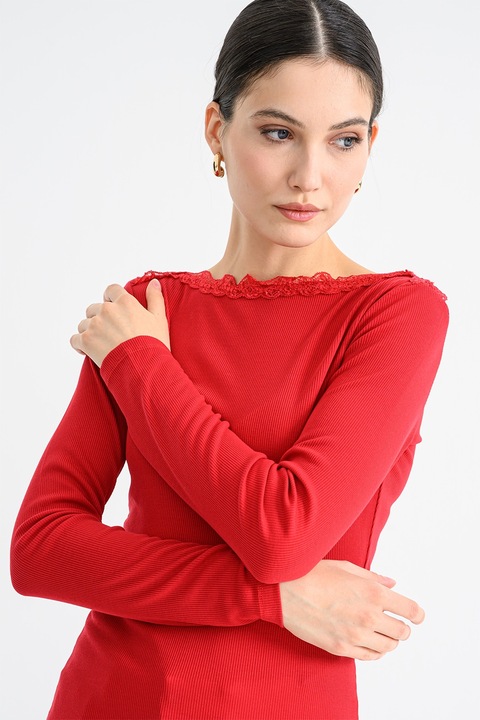 Vila, Bluza slim-fit cu striatii si decolteu cu garnitura din dantela, Caramiziu, XS