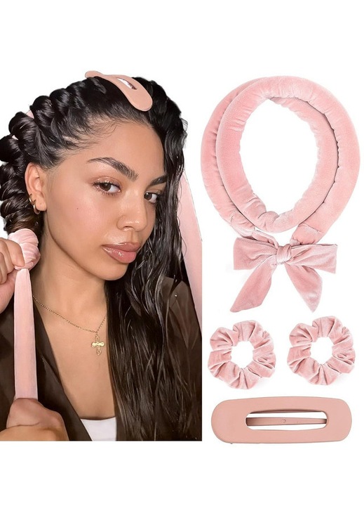 Set ondulator fara caldura, accesorii par, roz