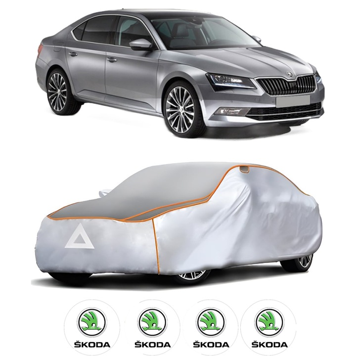 Husa Prelata Antigrindina Auto SKODA SUPERB III (3V3) din 2015-2024, Protectie auto contra intemperiilor la grindina, Waterproof, 4x Stickere auto SKODA