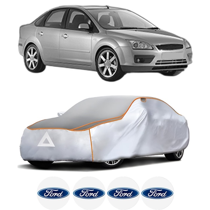 Husa Prelata Antigrindina Auto FORD FOCUS II Saloon (DB_, FCH, DH) din 2005-2012, Protectie auto contra intemperiilor la grindina, Waterproof, 4x Stickere auto FORD