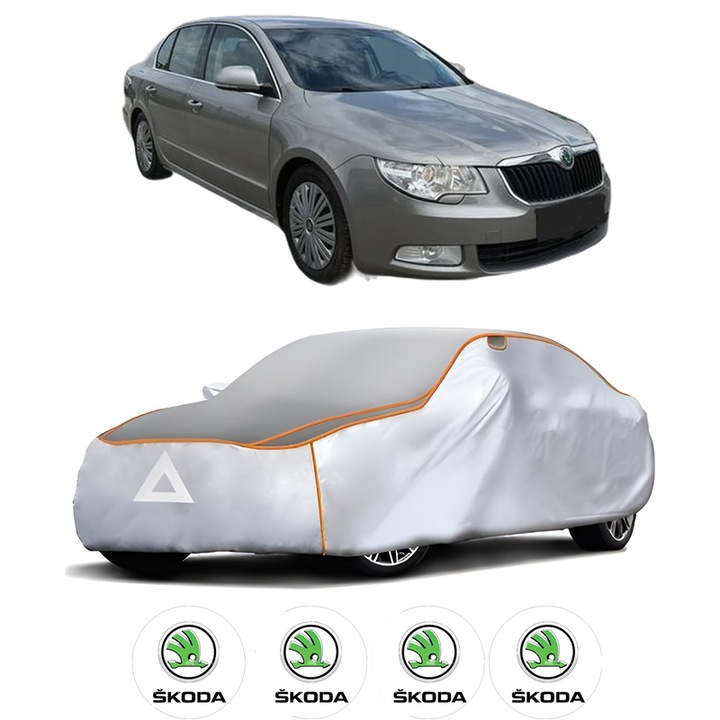 Husa Prelata Antigrindina Auto SKODA SUPERB II (3T4) din 2008-2015, Protectie auto contra intemperiilor la grindina, Waterproof, 4x Stickere auto SKODA