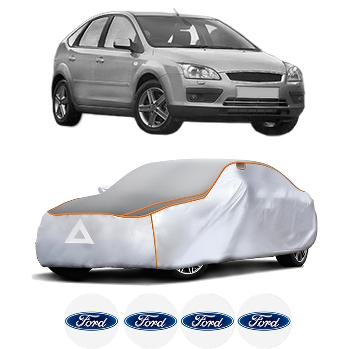 Husa Prelata Antigrindina Auto FORD FOCUS II (DA_, HCP, DP) din 2004-2012, Protectie auto contra intemperiilor la grindina, Waterproof, 4x Stickere auto FORD