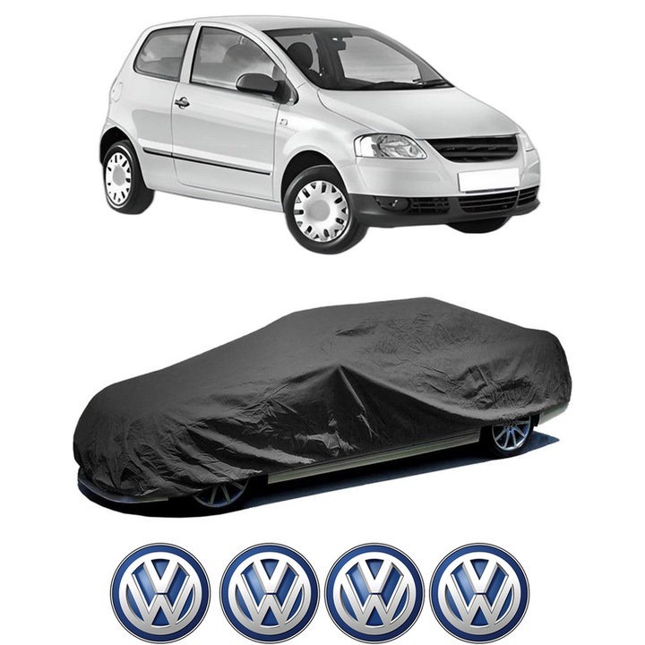 Husa tip prelata auto pentru Volskwagen FOX Hatchback (5Z1, 5Z3, 5Z4) din 2005-2011, Culoare Negru, material textil impermeabil, rezistanta la intemperii praf UV, CARPASSION Husa Protectie, 4 Stickere auto cu Volskwagen