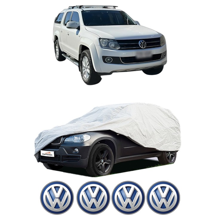 Husa tip prelata auto pentru Volskwagen AMAROK Platform/Chassis (S1B, S6B, S7B) din 2011-2022, Culoare Gri, material textil impermeabil, rezistanta la intemperii praf UV, CARPASSION Husa Protectie, 4 Stickere auto cu Volskwagen