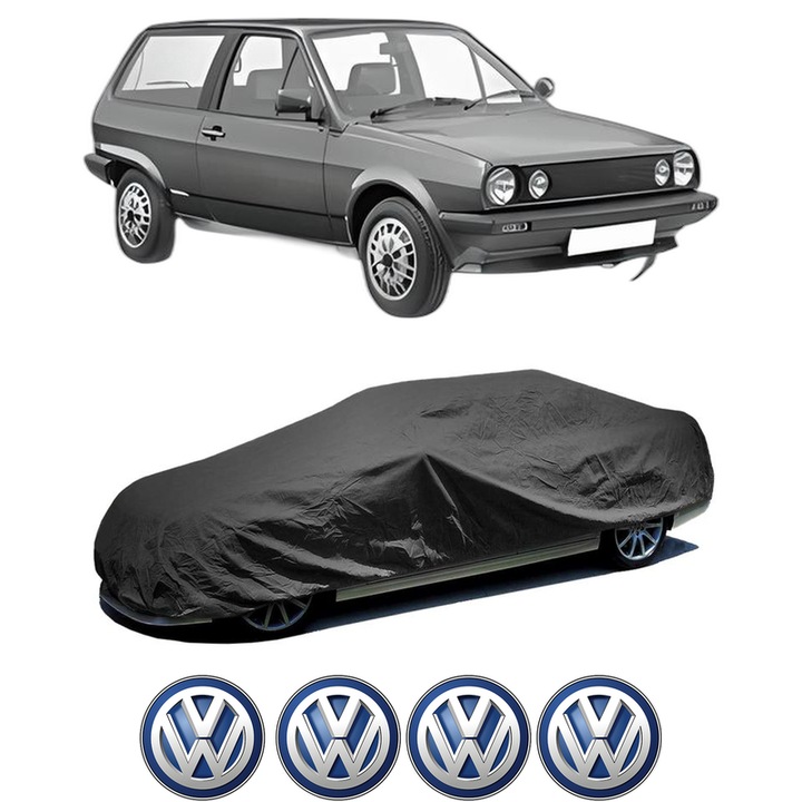 Husa tip prelata auto pentru Volskwagen POLO II (86C, 80) din 1981-1994, Culoare Negru, material textil impermeabil, rezistanta la intemperii praf UV, CARPASSION Husa Protectie, 4 Stickere auto cu Volskwagen