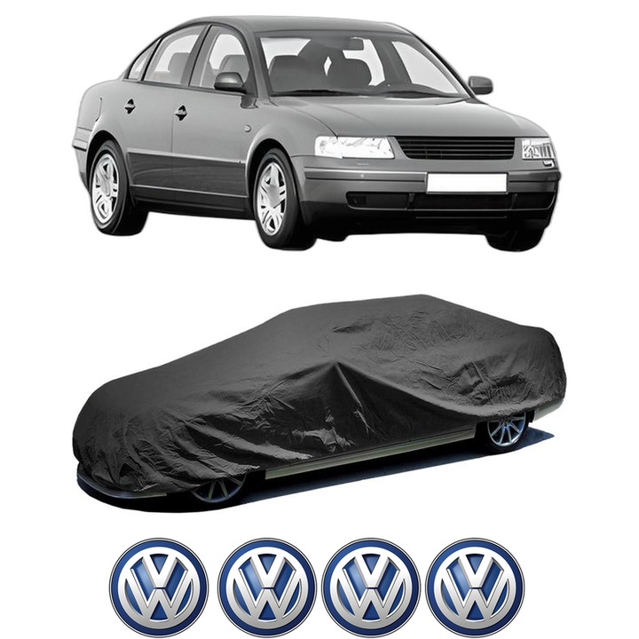 Husa tip prelata auto pentru Volskwagen PASSAT B5 (3B2) din 1996-2000, Culoare Negru, material textil impermeabil, rezistanta la intemperii praf UV, CARPASSION Husa Protectie, 4 Stickere auto cu Volskwagen