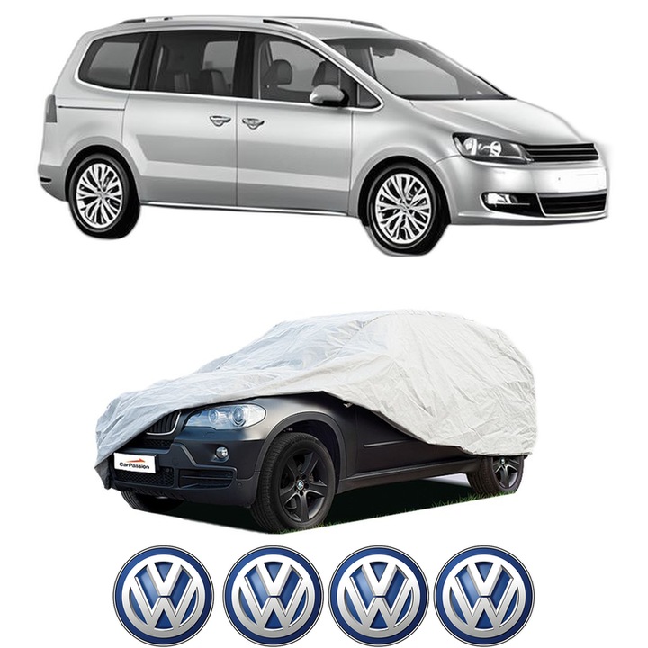 Husa tip prelata auto pentru Volskwagen SHARAN (7N1, 7N2) din 2010-2022, Culoare Gri, material textil impermeabil, rezistanta la intemperii praf UV, CARPASSION Husa Protectie, 4 Stickere auto cu Volskwagen