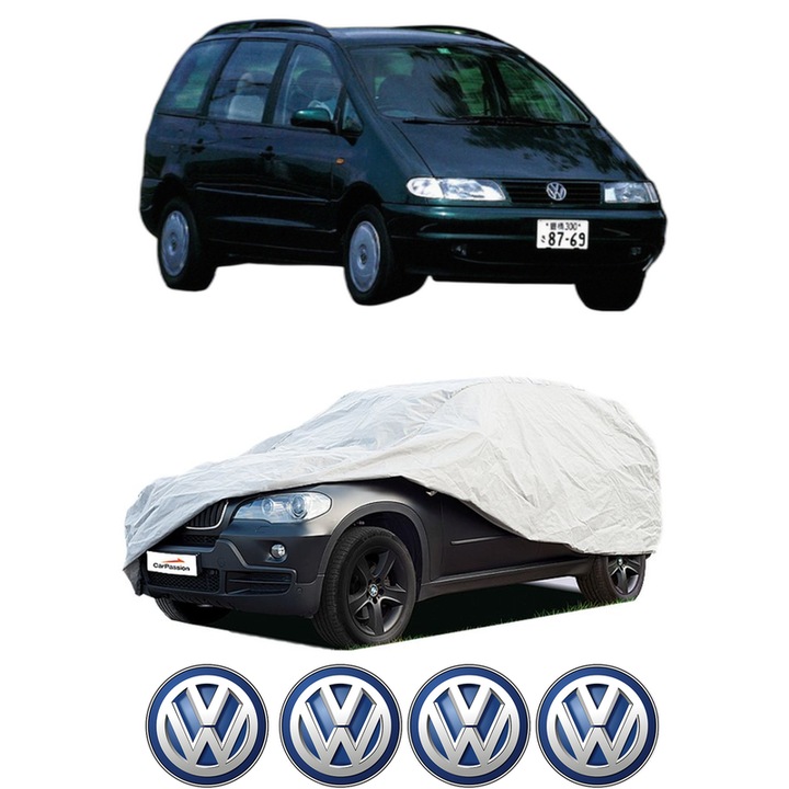 Husa tip prelata auto pentru Volskwagen SHARAN VAN (7M_) din 1996-2010, Culoare Gri, material textil impermeabil, rezistanta la intemperii praf UV, CARPASSION Husa Protectie, 4 Stickere auto cu Volskwagen
