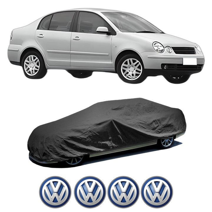 Husa tip prelata auto pentru Volskwagen POLO IV Saloon (9A4, 9A2, 9N2, 9A6) din 2002-2012, Culoare Negru, material textil impermeabil, rezistanta la intemperii praf UV, CARPASSION Husa Protectie, 4 Stickere auto cu Volskwagen