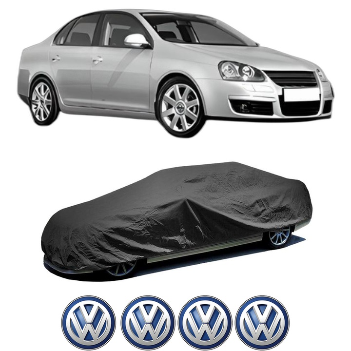 Husa tip prelata auto pentru Volskwagen JETTA III (1K2) din 2004-2010, Culoare Negru, material textil impermeabil, rezistanta la intemperii praf UV, CARPASSION Husa Protectie, 4 Stickere auto cu Volskwagen