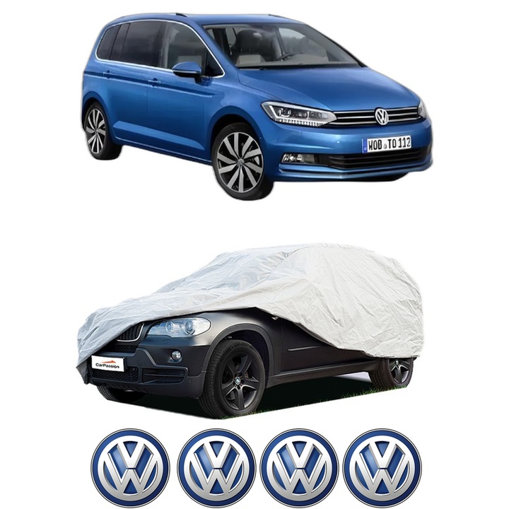 Husa tip prelata auto pentru Volskwagen TOURAN (5T1) din 2015-2022, Culoare Gri, material textil impermeabil, rezistanta la intemperii praf UV, CARPASSION Husa Protectie, 4 Stickere auto cu Volskwagen