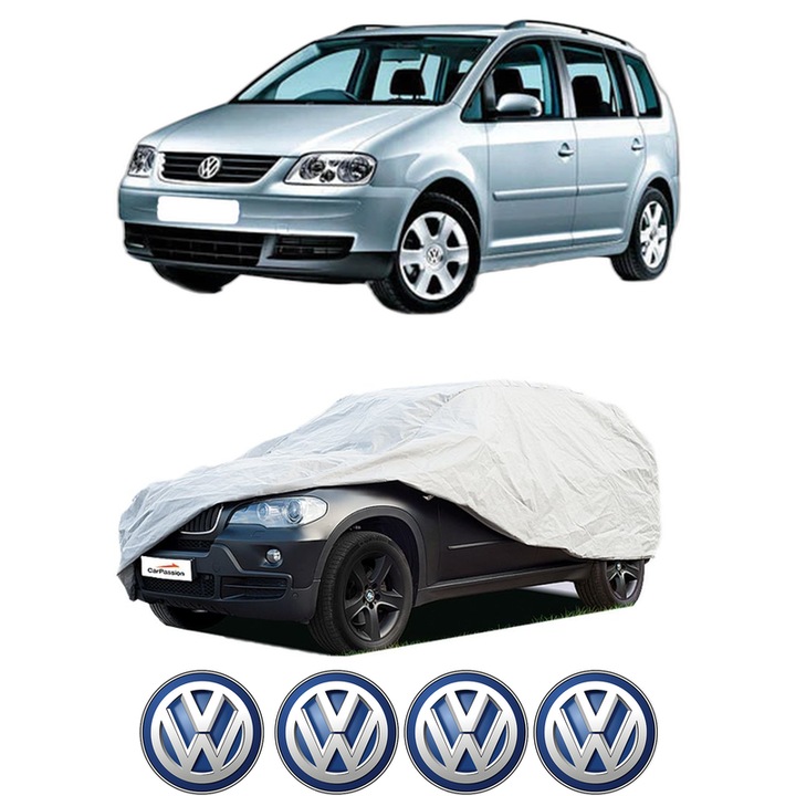 Husa tip prelata auto pentru Volskwagen TOURAN VAN (1T1, 1T2) din 2003-2010, Culoare Gri, material textil impermeabil, rezistanta la intemperii praf UV, CARPASSION Husa Protectie, 4 Stickere auto cu Volskwagen