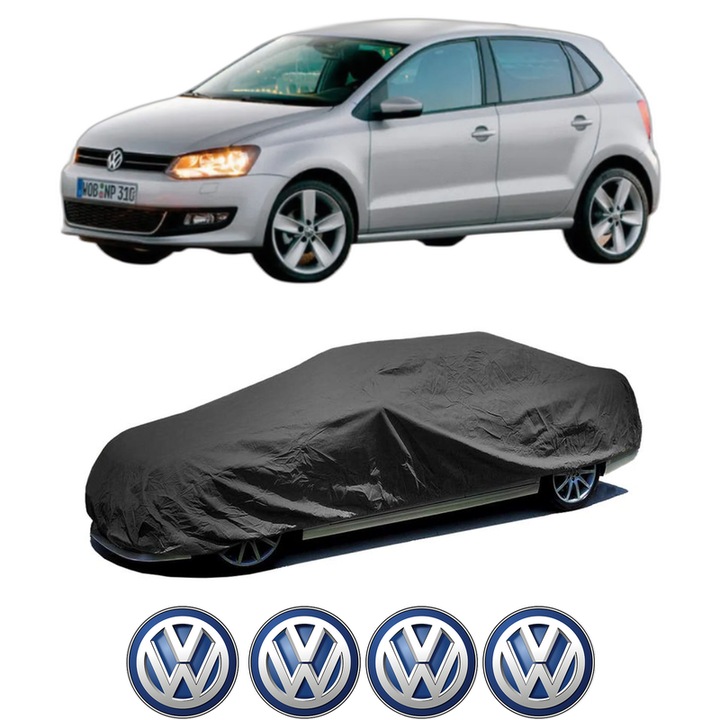 Husa tip prelata auto pentru Volskwagen POLO Van V (6R1, 6C1) din 2009-2017, Culoare Negru, material textil impermeabil, rezistanta la intemperii praf UV, CARPASSION Husa Protectie, 4 Stickere auto cu Volskwagen