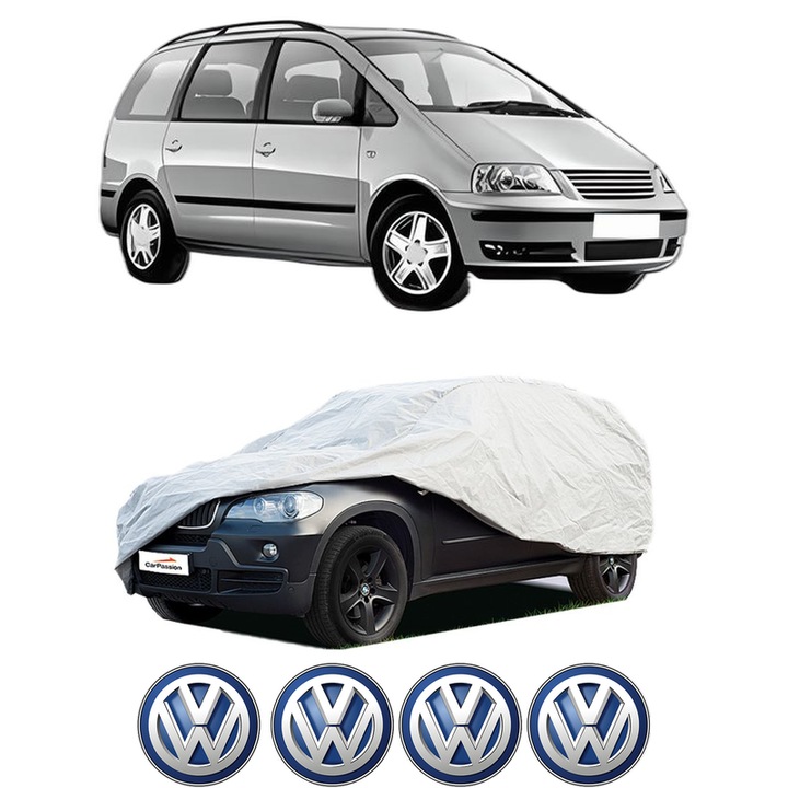 Husa tip prelata auto pentru Volskwagen SHARAN (7M8, 7M9, 7M6) din 1995-2010, Culoare Gri, material textil impermeabil, rezistanta la intemperii praf UV, CARPASSION Husa Protectie, 4 Stickere auto cu Volskwagen