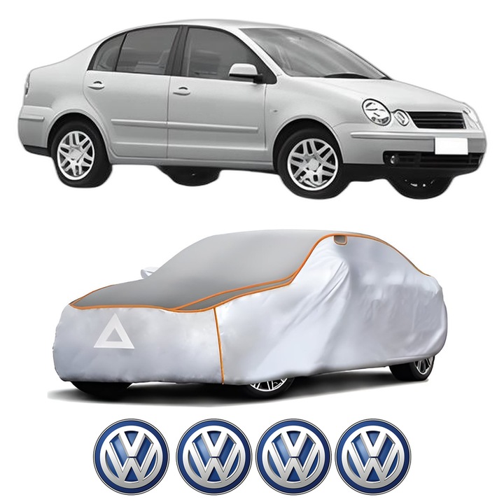 Husa Prelata Antigrindina Auto Volskwagen POLO IV Saloon (9A4, 9A2, 9N2, 9A6) din 2002-2012, Protectie auto contra intemperiilor la grindina, Waterproof, 4x Stickere auto Volskwagen