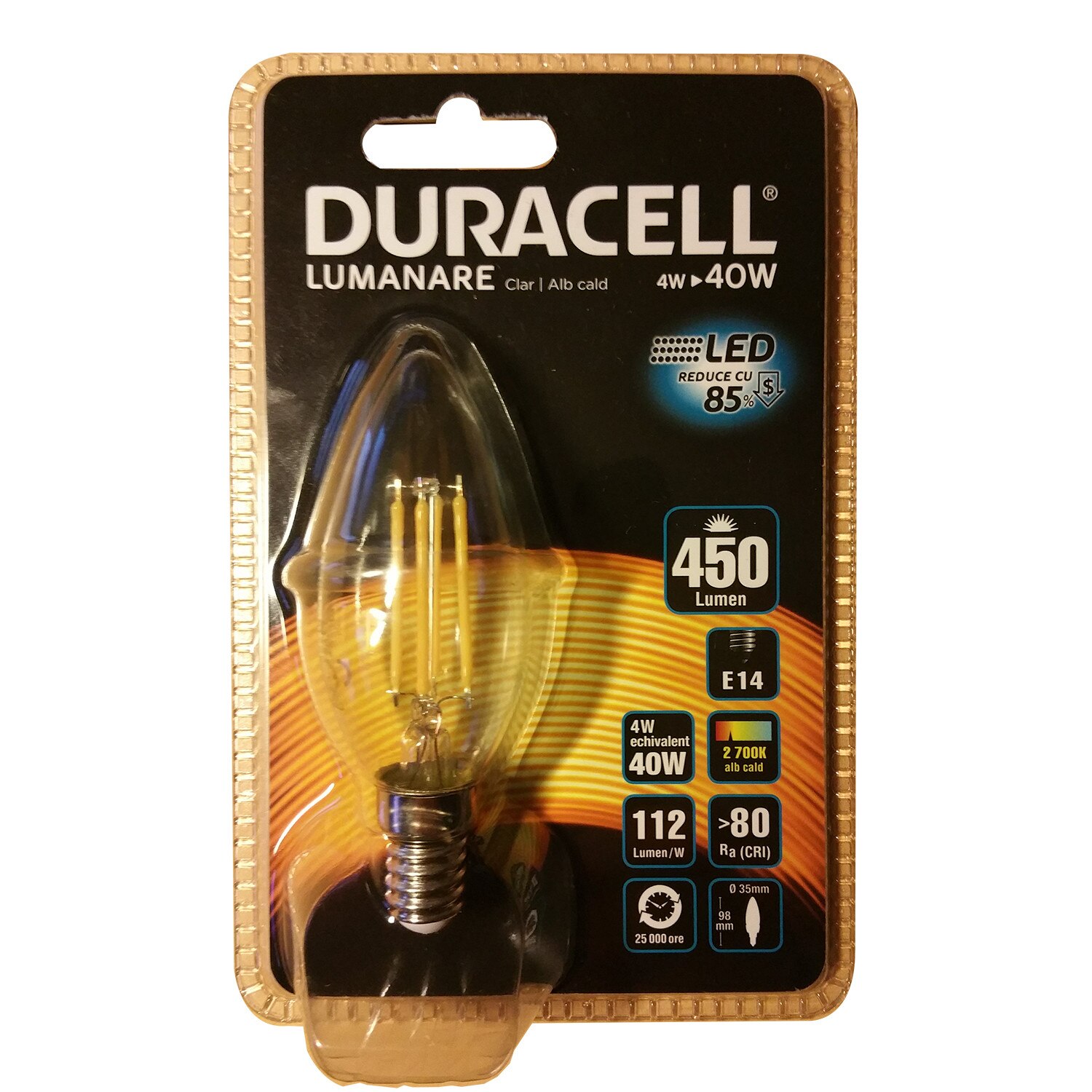Bec LED Duracell lumanare, transparent, E14, 4W echivalent 40W, 25.000 ore, lumina calda, blister