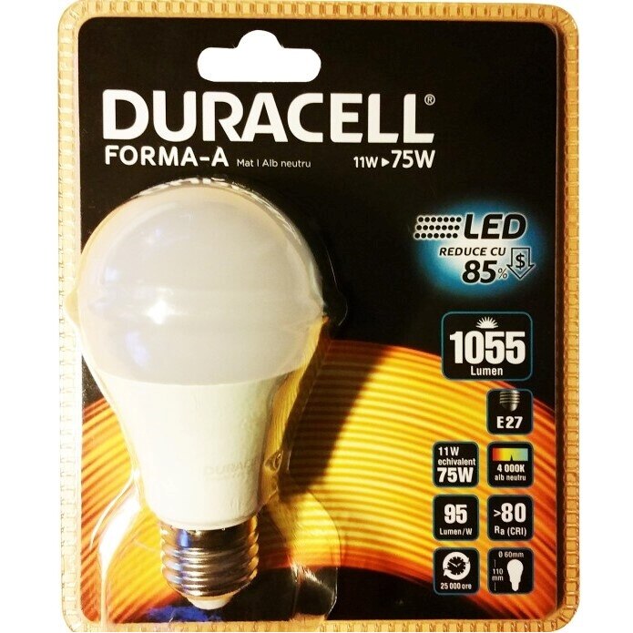 Bec LED Duracell glob, mat, E27, 11 W echivalent 75W, 25.000 ore, lumina neutra, blister