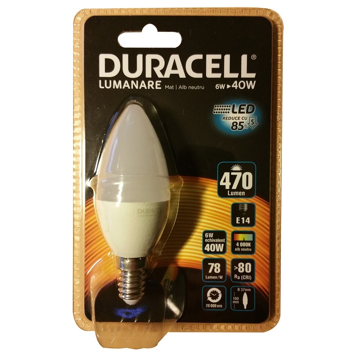 Duracell LED крушка тип свещ, матова, E14, 6W, еквивалентна на 40W, 20 000 часа, неутрална светлина, блистерна, димируема