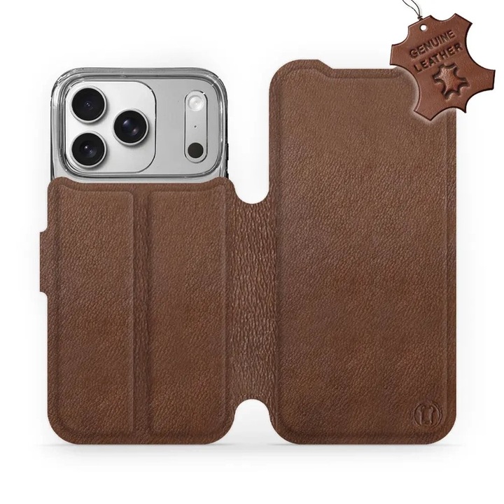 Husa flip din piele naturala pentru Apple iPhone 17 Pro, maro, cu suport si inchidere magnetica, fabricata in Cehia