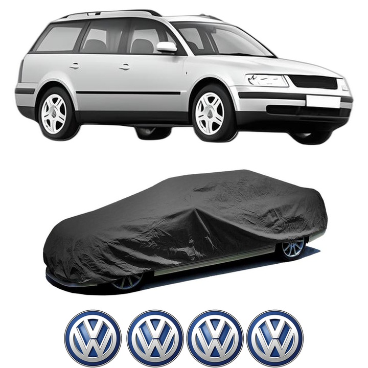 Husa tip prelata auto pentru Volskwagen PASSAT B5 Variant (3B5) din 1997-2000, Culoare Negru, material textil impermeabil, rezistanta la intemperii praf UV, CARPASSION Husa Protectie, 4 Stickere auto cu Volskwagen