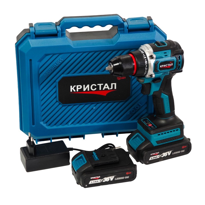 DDT-KRISTAL 36 V-os akkus fúró-csavarozó, 2 db 2,0 Ah-s Li-ion akkumulátor, szénkefe nélküli motor, 2 sebességfokozat, állítható nyomaték, önzáró rendszer, hordtáska