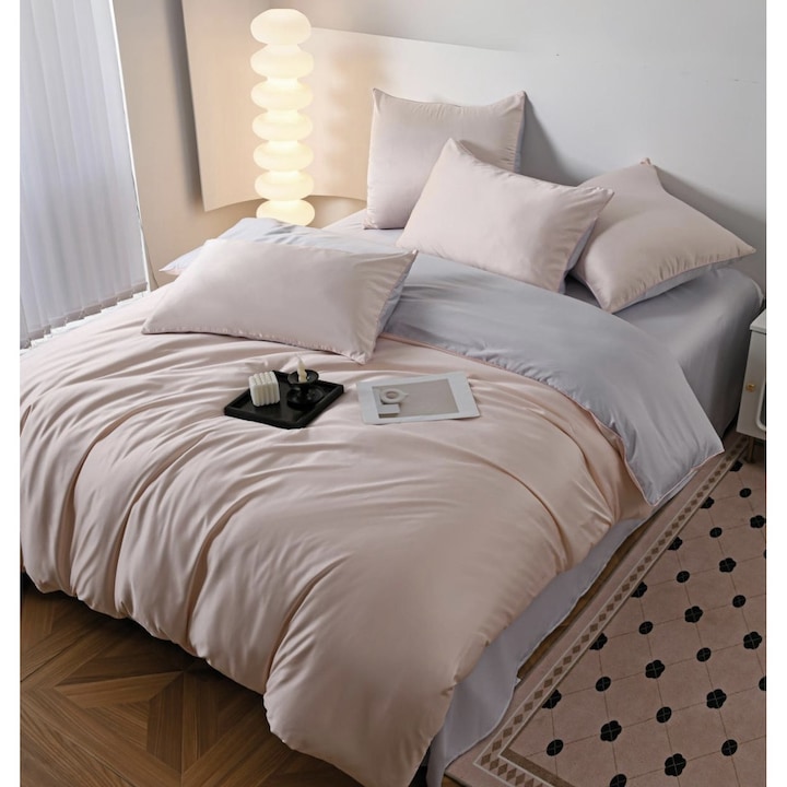 Set Lenjerie de pat 6 piese, Uni, 2 Persoane, Satin/Matase, Cearceaf de pat 230x240cm, Husa pilota 200x230cm, 2 Fete de perna 70x70cm, 2 Fete de perna 50x70cm, Pucioasa, Roz Prafuit/Gri, P-16