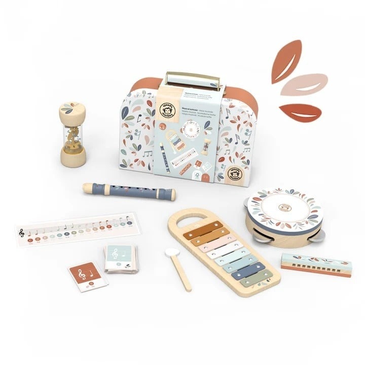 Set 5 instrumente muzicale in valiza, Speedy Monkey, din lemn, +3 ani