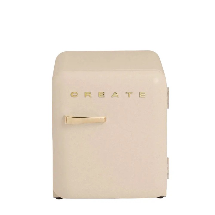 Минибар хладилник Retro CREATE, капацитет 48 литра, В 50 см, идеален за офис/хотел/каравана, регулируема температура, 1 стоманен рафт, 2 отделения на вратата, ергономична дръжка, компактен дизайн, регулируеми крачета, златна дръжка, бежов