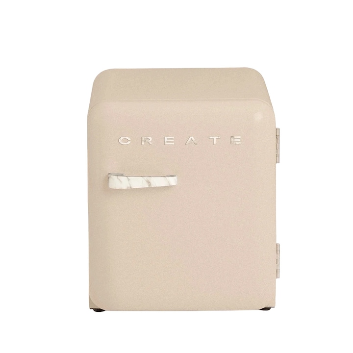 Frigider minibar Retro CREATE, capacitate 48 litri, H 50 cm, ideal pentru birou/hotel/rulota, temperatura reglabila, 1 raft otel, 2 compartimente pe usa, maner ergonomic, design compact, picioare ajustabile, maner marble, bej