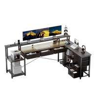 Birou in forma de L, iluminare LED, 7 sertare, suport monitor, Negru, 200x163x91cm
