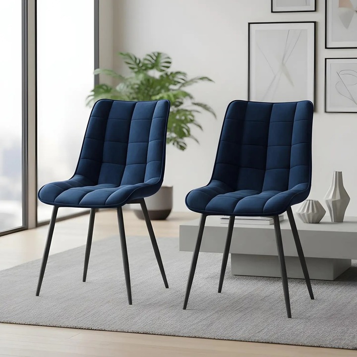 Комплект от 2 стола Elindor® Ергономични, Съвременен дизайн, Стол с облегалка и без подлакътници, от кадифе с черни метални крака, Подходящи за хол, кухня, офис, спалня, Ширина на седалката 46 см, 85.5 x 45 x 42 см, Морскосиньо