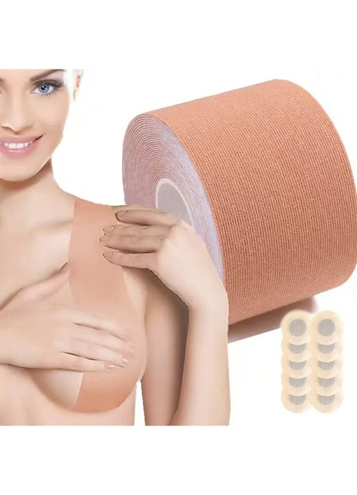 Melltartó emelő szalag és mellbimbóvédők, 10 védő, pamut/elasztán, öntapadós, bézsály, bézs
