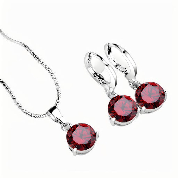 Set colier si cercei dama, e-Crystal, din cristal/otel, 40 cm, argintiu/rosu