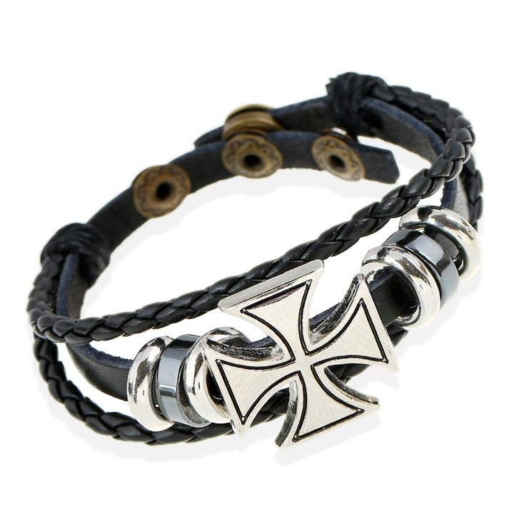 Bratara pentru barbati, din piele, JustZen, argintiu/negru, 20.5 cm