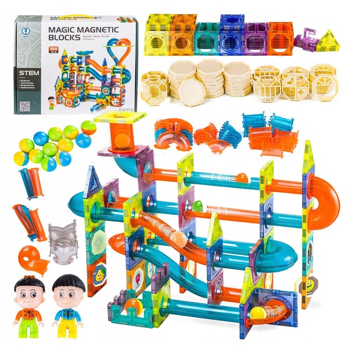 Set de constructie BEMI, klocki magnetice, tor kulkowy, 188 elemente, 42x32,5x9cm, colorat