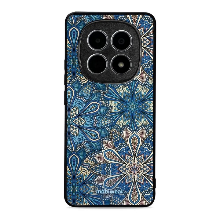 Husa telefon Mobiwear Glossy, Xiaomi Redmi Note 15 5G, albastra, design flori, rezistenta la socuri si zgarieturi