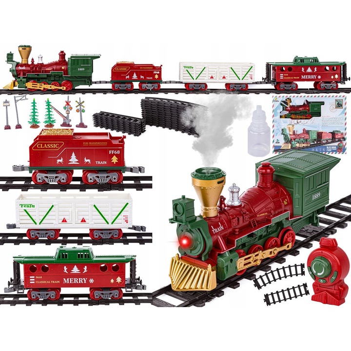 Trenulet de jucarie BEMI, set cu locomotiva si 3 vagoane, 2,4 GHz, efecte sonore si de abur, 172x105cm