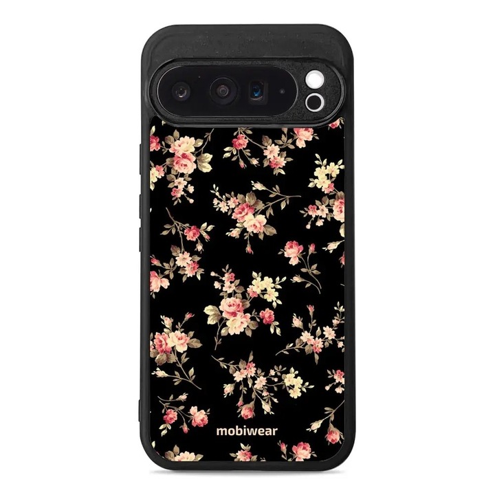 Husa telefon Mobiwear Glossy pentru Google Pixel 9 Pro XL, design flori pe fundal negru, rezistent la socuri si zgarieturi, material plastic, multicolor