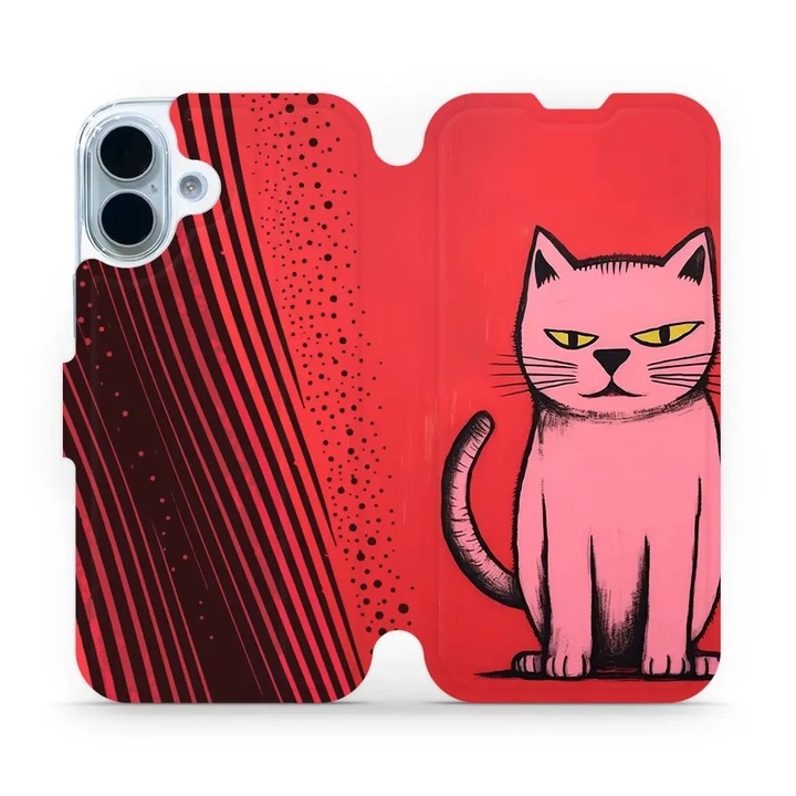 Husa flip Mobiwear pentru Apple iPhone 17, rosie, design cu pisici, material ecologic